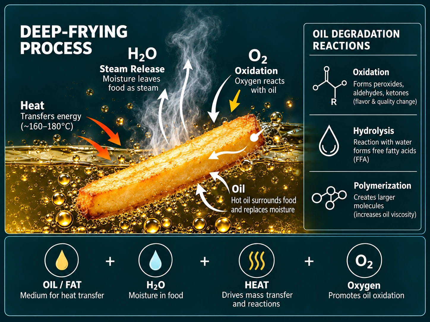 Deep frying process infographic with H2O, oxygen, heat, oil uptake, hydrolysis, oxidation and polymerization