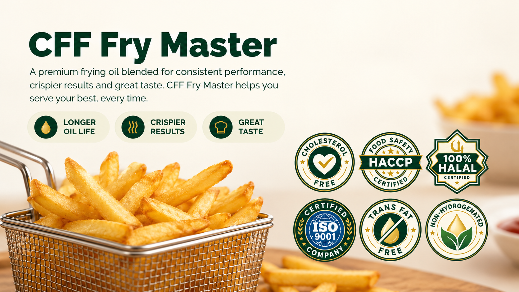 CFF Fry Master. Crystallized Frying Fat for professional deep frying, with a premium product presentation and formulation symbols