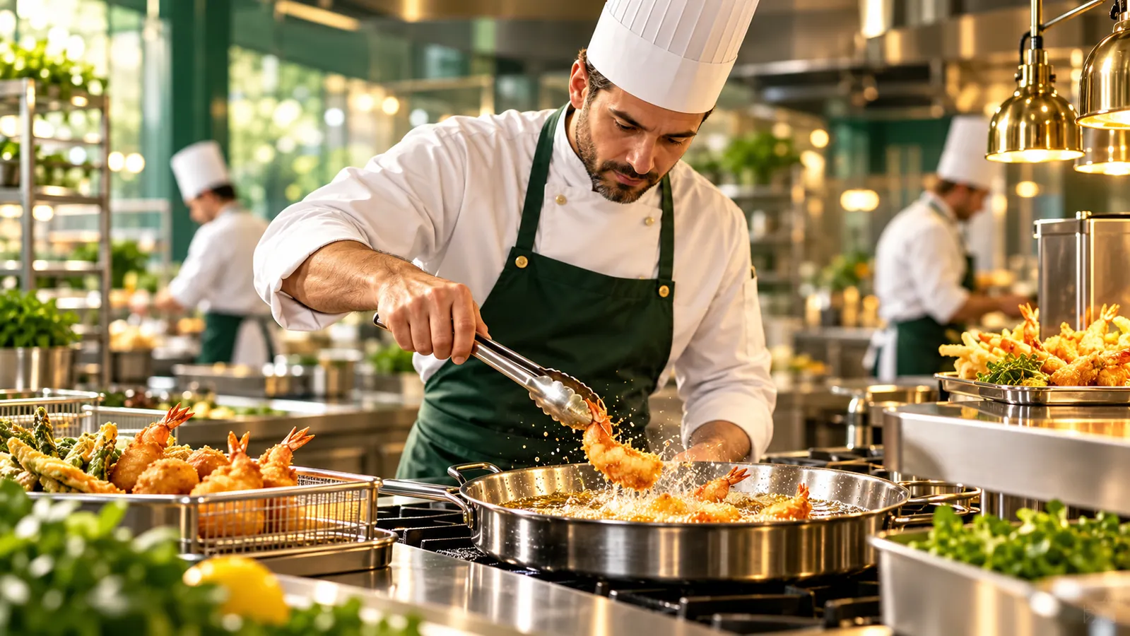 Chef working in an upscale professional frying kitchen