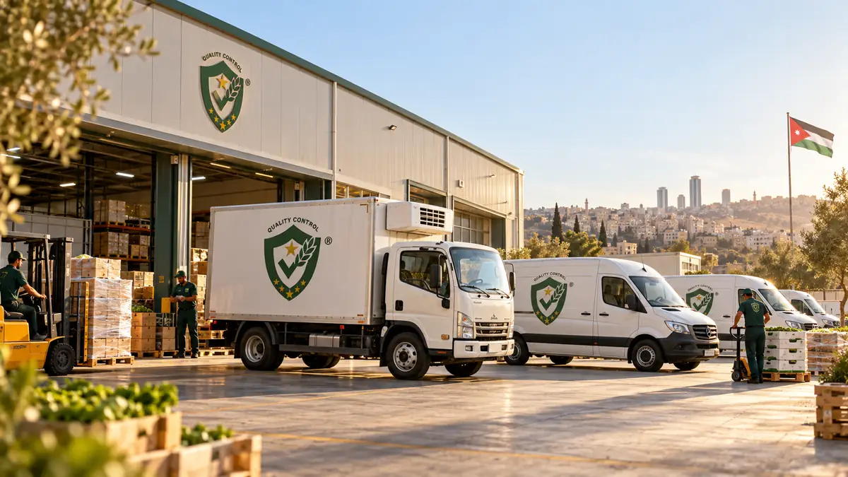 Illustrative QC FOOD distribution trucks and delivery vans outside a warehouse in Amman, Jordan