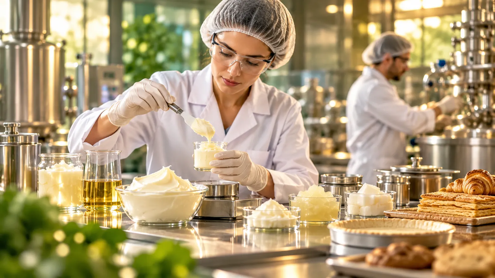 Food scientist working with vegetable oils and specialty fats during quality checks